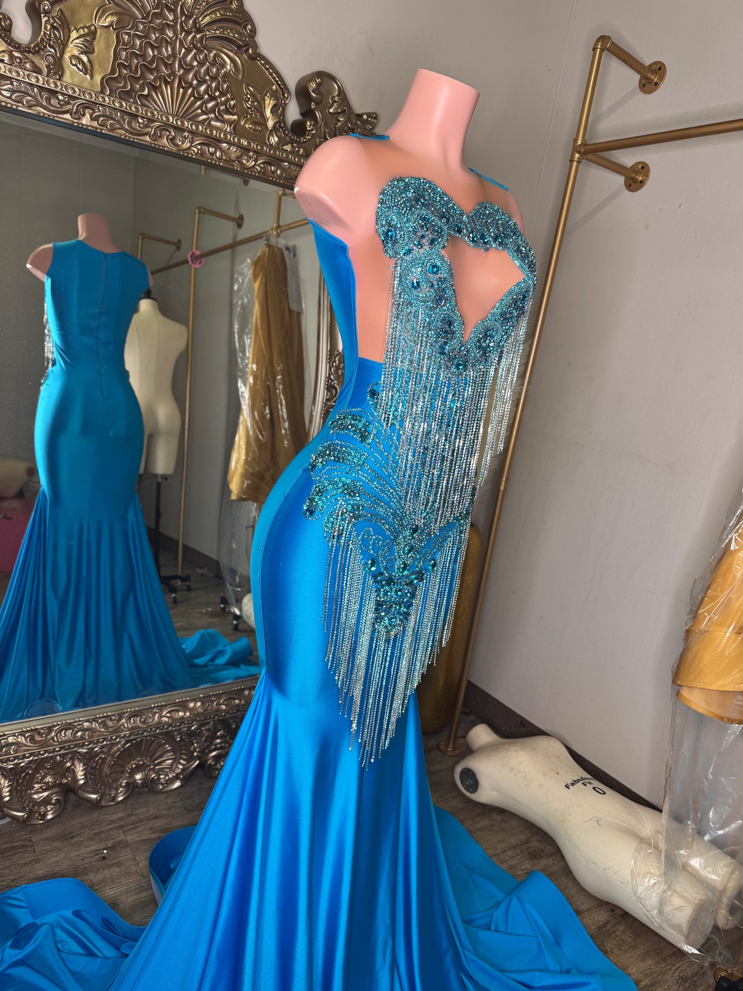 Aqua Fringe Gown- small