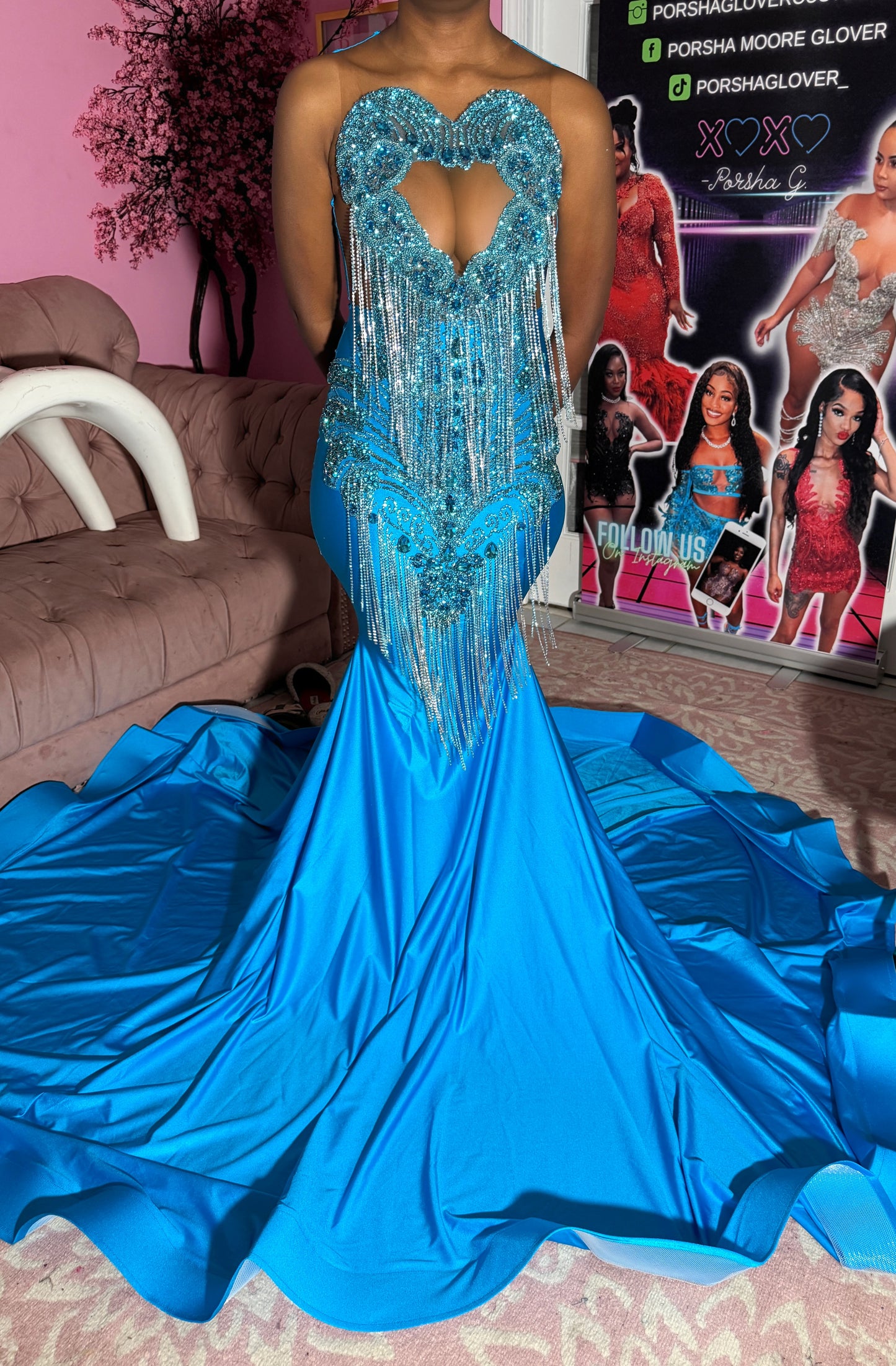 Aqua Fringe Gown- small