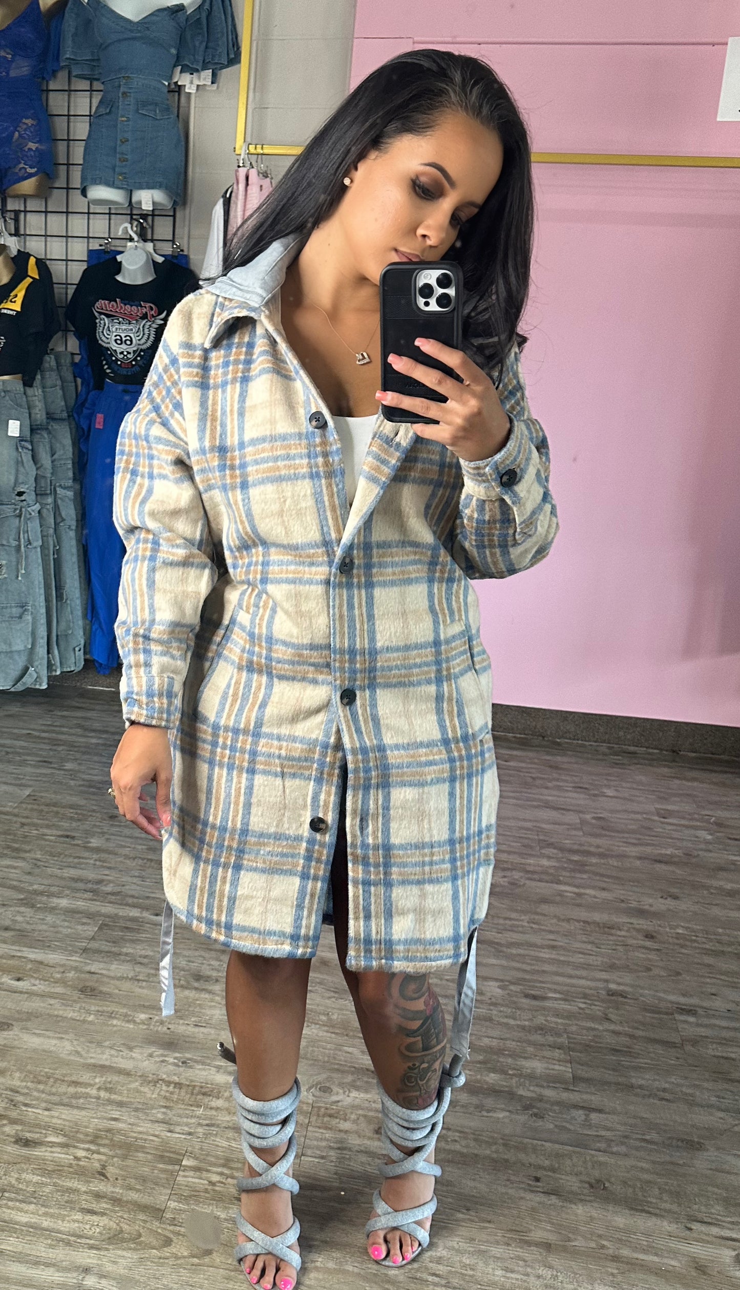 Hooded Plaid Trench