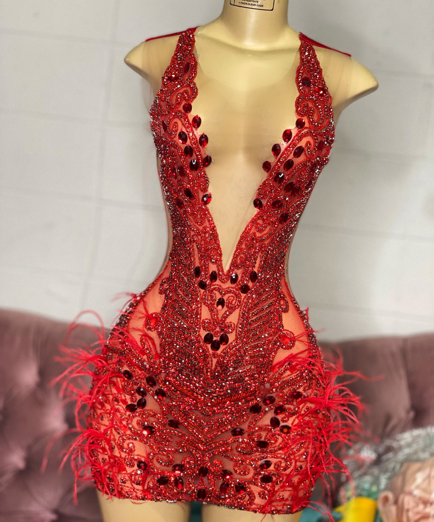 Jayla Dress w/feathers-(Red)