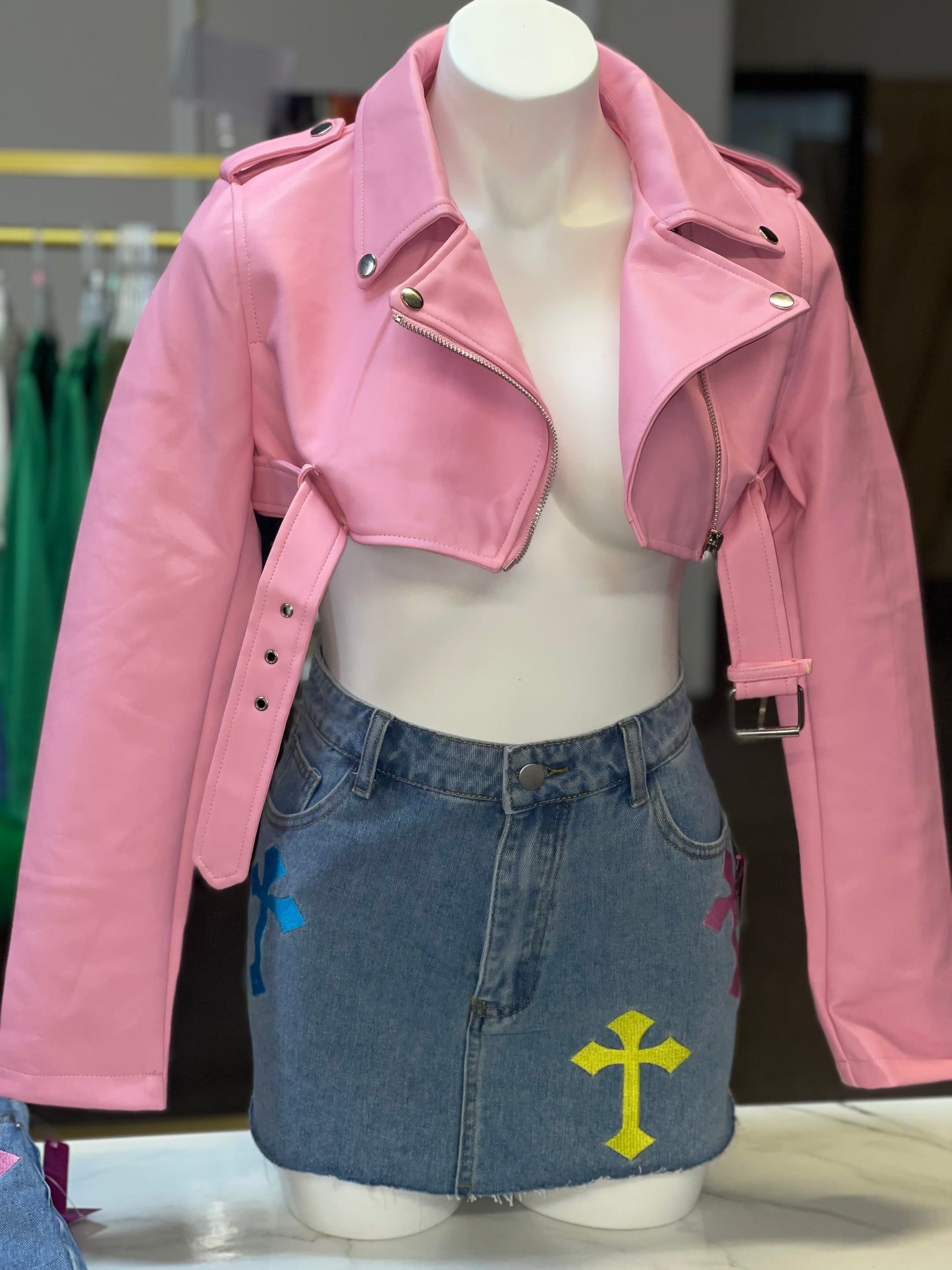 Pink cropped biker jacket