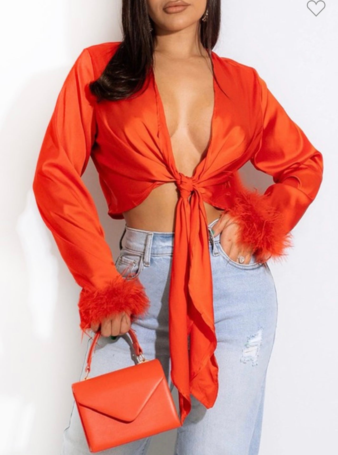 Satin Tie Up Top with fur sleeve - 2 colors