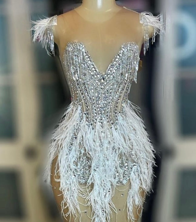 Sabrina Dress-(Silver Diamonds w/white feathers)